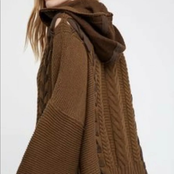 Free People Sweaters - Free People Poncho Sweater Cable Lace Up Hood Xs/S